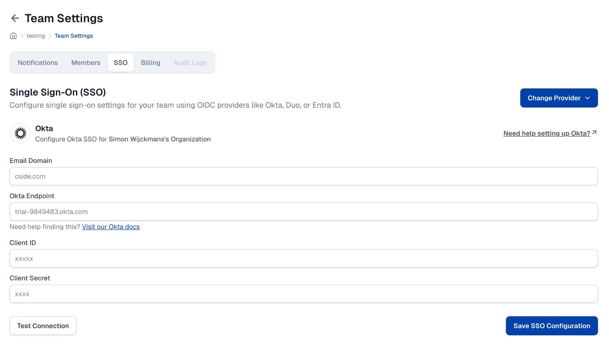 Okta SSO Configuration in cside